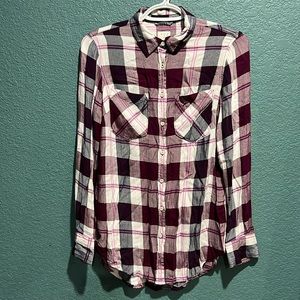 A New Day XS Maroon Purple Plaid Soft Button Up Collared Flannel Shirt